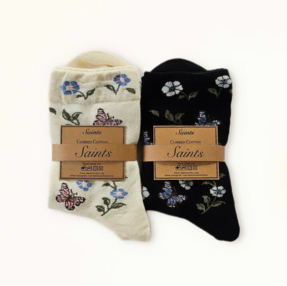 Butterfly Flower Pattern Women's Cotton Socks [2 Colours available]