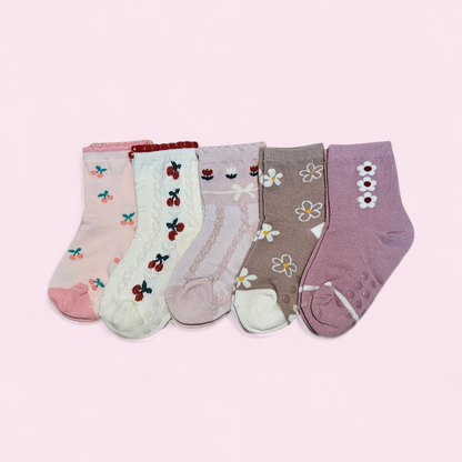 Cute Cherry Flower Girls Socks - 5 Pairs Set