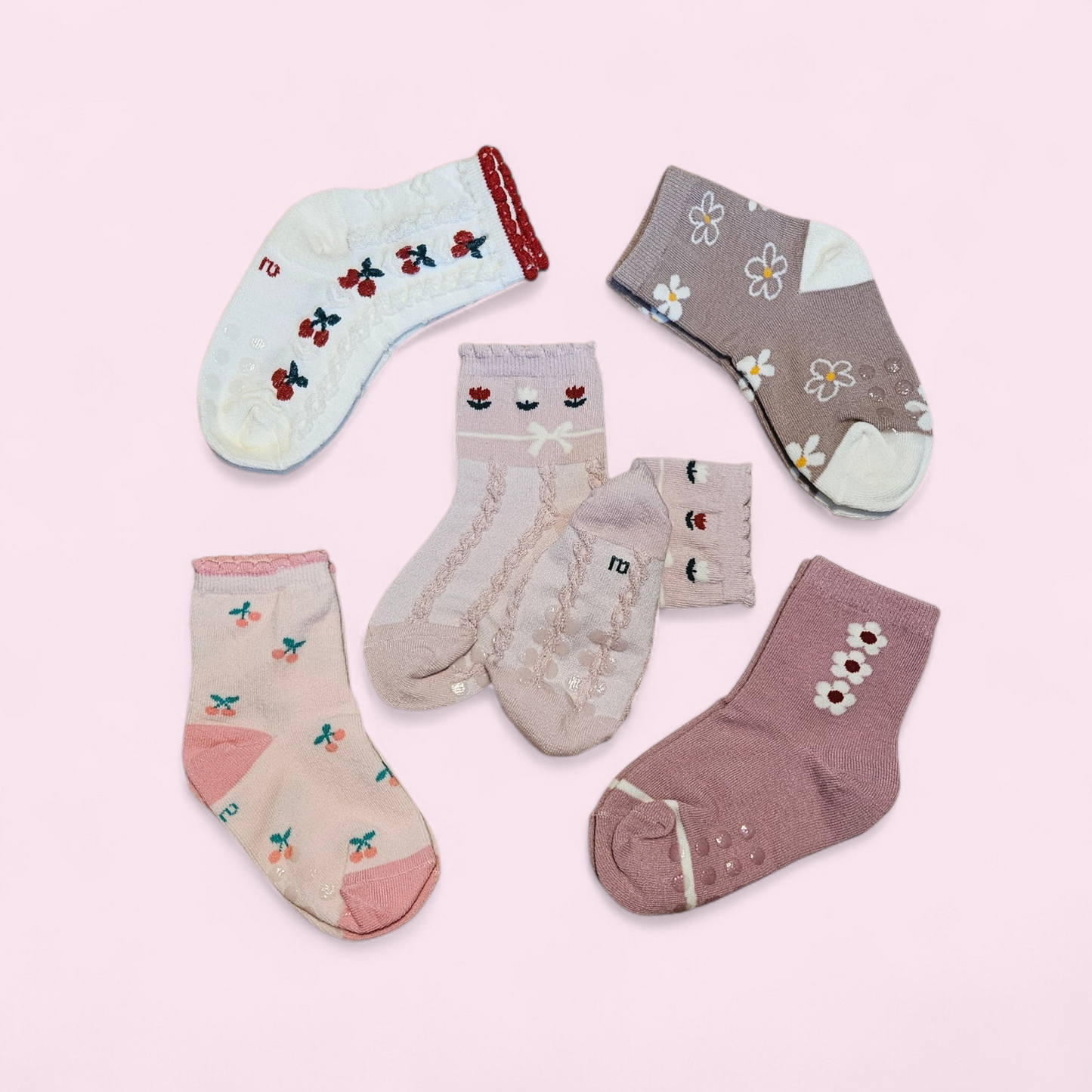Cute Cherry Flower Girls Socks - 5 Pairs Set