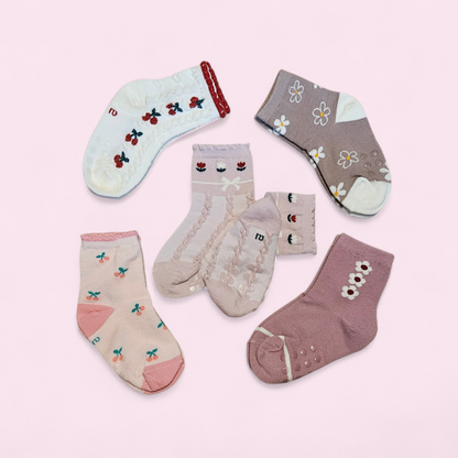 Cute Cherry Flower Girls Socks - 5 Pairs Set