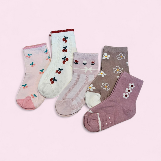 Cute Cherry Flower Girls Socks - 5 Pairs Set