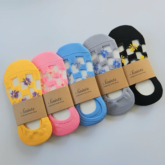 See-through Square Check Flower Women's Socks [5 Colours available]